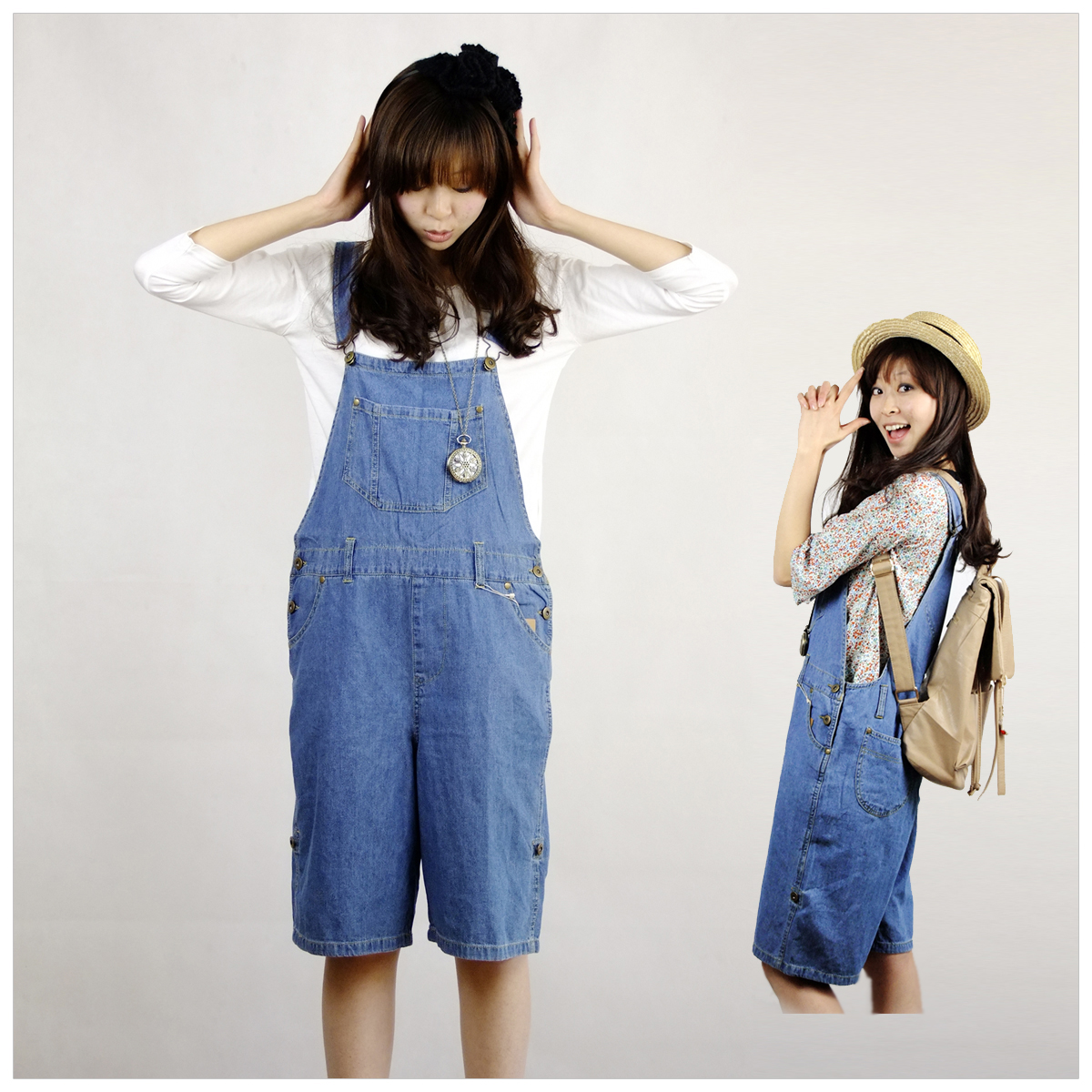 Loose 100% cotton denim one piece shorts overalls bib pants