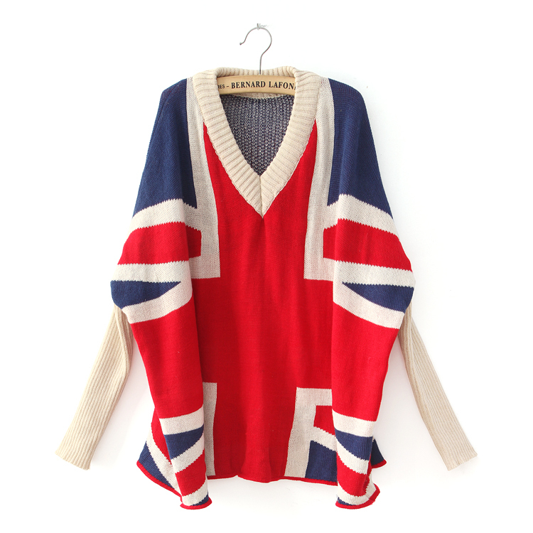 Loose Bat-sleeves England Flag Prints knitted V-neck Double layer Thickening Sweater, Fashion Pullovers