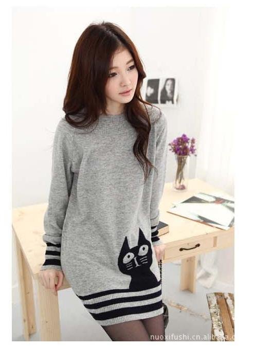 Loose Cat Sweater knitting medium style Grey   women sweater  Free  ship