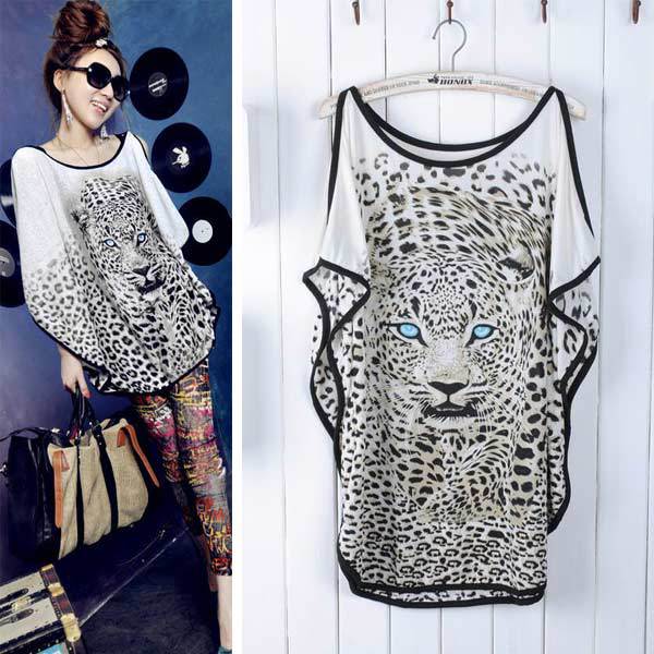 Loose leopard head print women tee loose long t shirt 2012 new /1 piece Free shipping/FZ0657