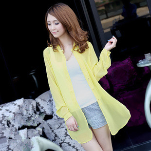 Loose Long Design Chiffon  Shirt Cardigan Shirt Long-Sleeve Shirt Women's Blouses Plus Size