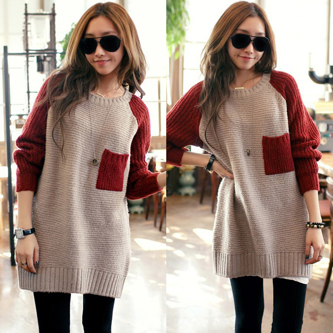 Loose long design color block pocket all-match sweater 11590 free shipping