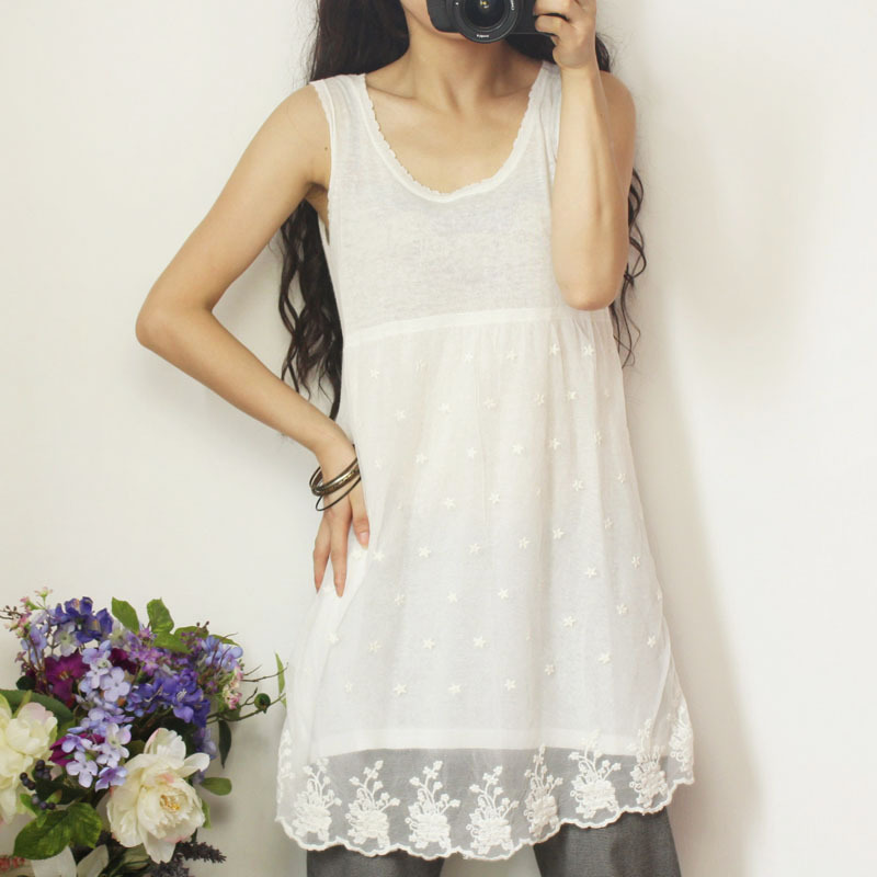 Loose o-neck knitted patchwork embroidery decoration lace medium-long basic sleeveless vest