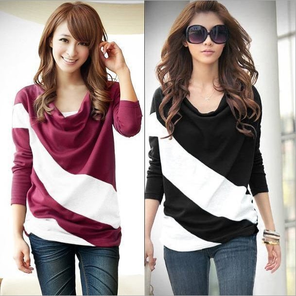 Loose sleeve T-shirt stitching striped long-sleeved knitwear pullover for ladies free shipping A1057