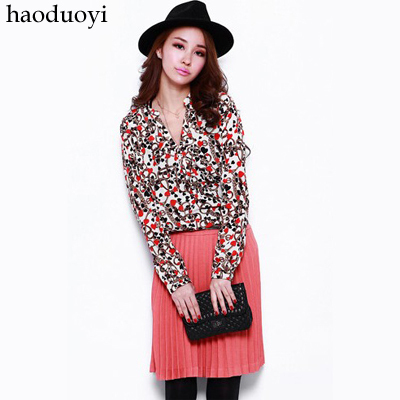 loose stand collar long-sleeve Floral female medium-long shirt blouse