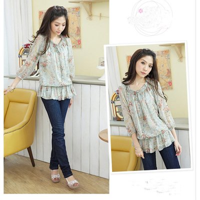 Loose Summer Boat Neck 3/4 Sleeve Blouse Chiffon Average Size Shivering Light-Green Pink Apricot Fashion Lady Free Shipping