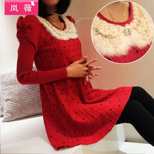 Loose sweet princess sleeve polka dot rabbit fur peter pan collar long-sleeve dress sweater dress (WC005)