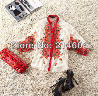 loose vintage blouse with rich flower embroidery in front and unique Chinese collar,large size shirt