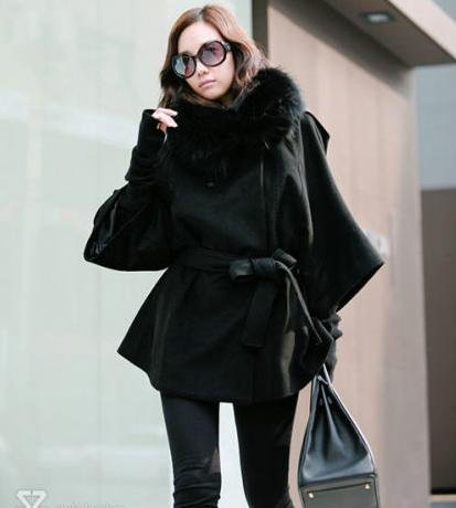 Lose money promotion! china post Free Shipping Real Fox Fur Collar Women's Long Black Coat Fur Jacket Wool Clothes Wholesale