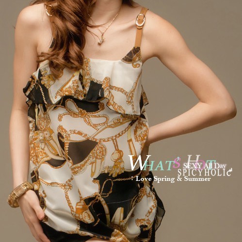 Lotus leaf print chiffon leather shoulder strap vest 118027