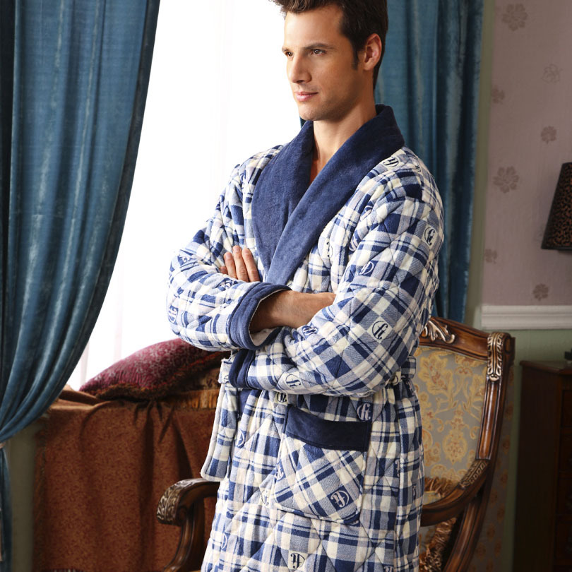 Lounge 2012 male check thickening coral fleece cotton-padded sleepwear robe