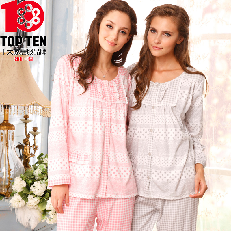 Lounge 2012 sleepwear spring and autumn double faced knitted 100% cotton print female long-sleeve set 7784