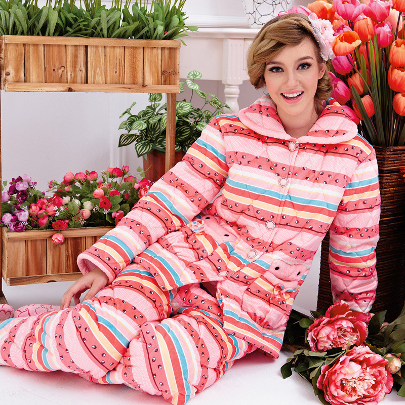 Lounge female autumn and winter coral fleece women's sleepwear cartoon sleepwear cotton-padded thermal set Women