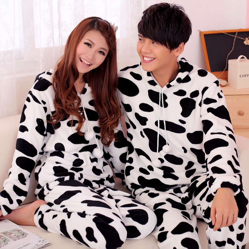 Lounge lovers sleepwear cow coral fleece winter thickening women's long-sleeve sleepwear