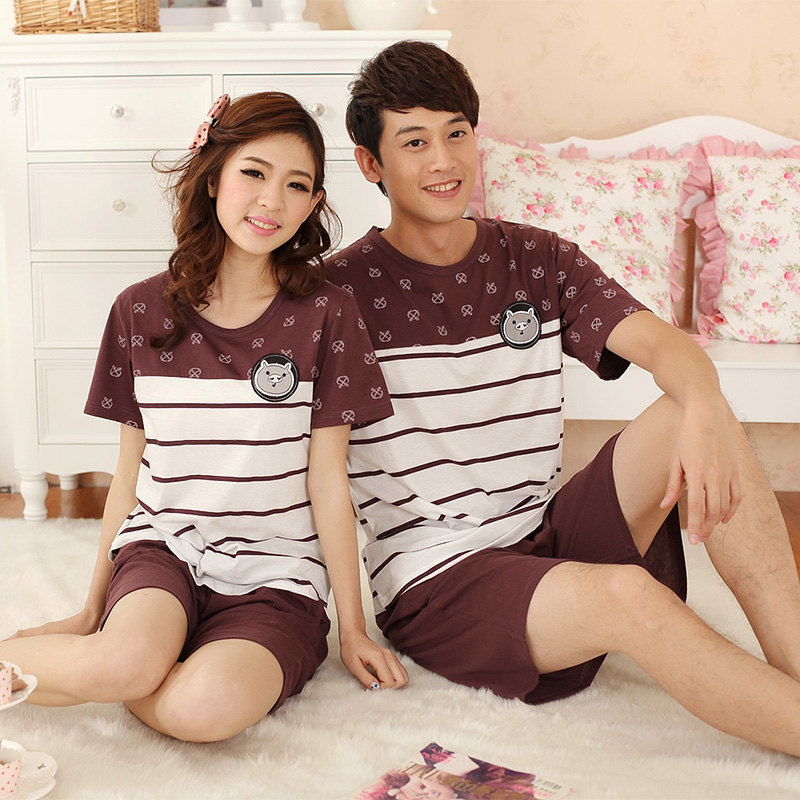 Lounge stripe cartoon pig short-sleeve shorts casual lovers sleepwear twinset Free Shipping