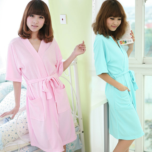 Lounge summer 100% cotton waffle lovers short-sleeve sleepwear bathrobes robe toweled 2