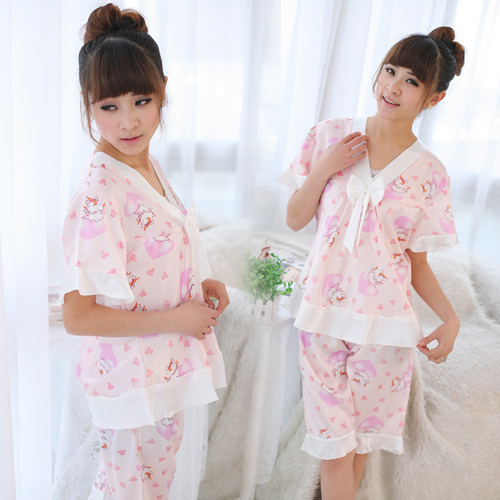 Lounge summer short-sleeve Women shote faux silk pink shorts sleepwear twinset silk