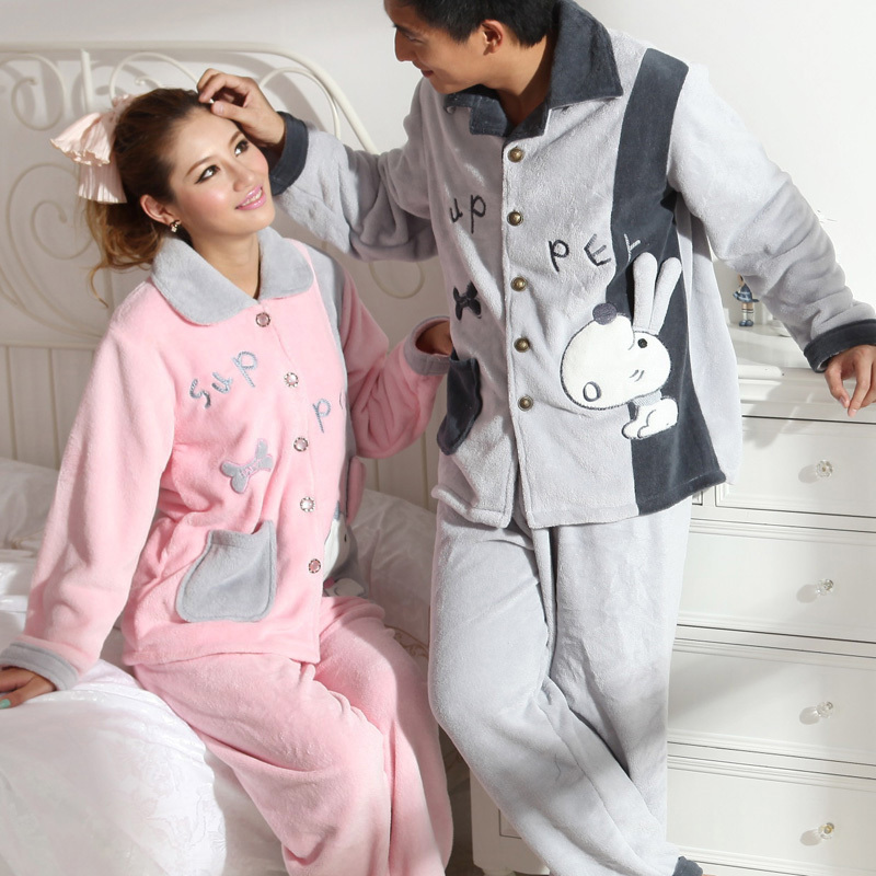 Lounge thickening male women's coral fleece lovers sleep set