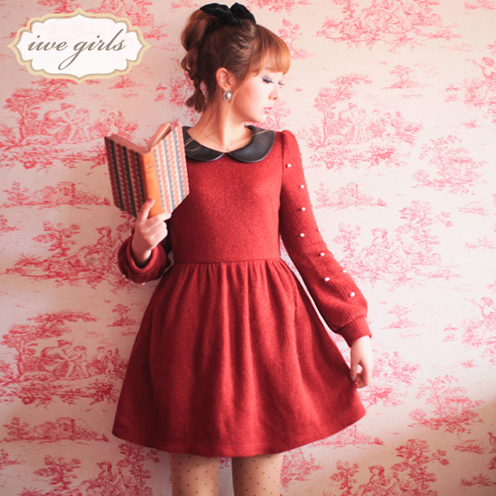 Lovable Secret 2013 winter knitted leather peter pan collar patchwork beading slim waist basic one-piece dress