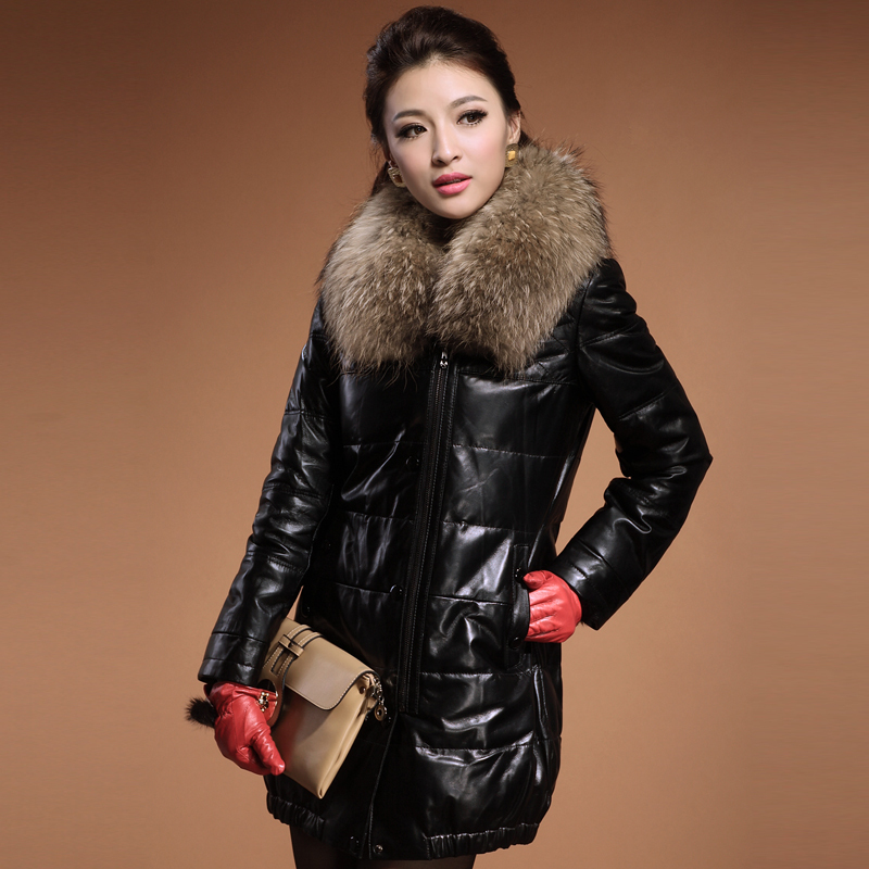 LOVE 2012 genuine leather clothing sheepskin raccoon fur slim down coat female outerwear