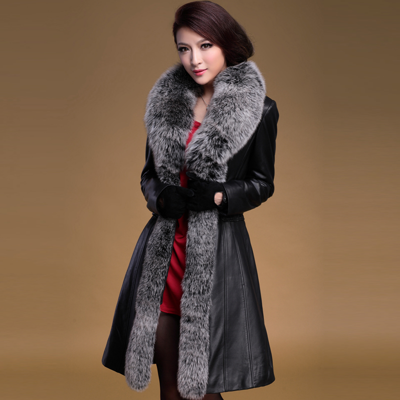 LOVE 2012 luxury elegant ultra long fox fur slim female genuine leather clothing leather down coat outerwear 2101