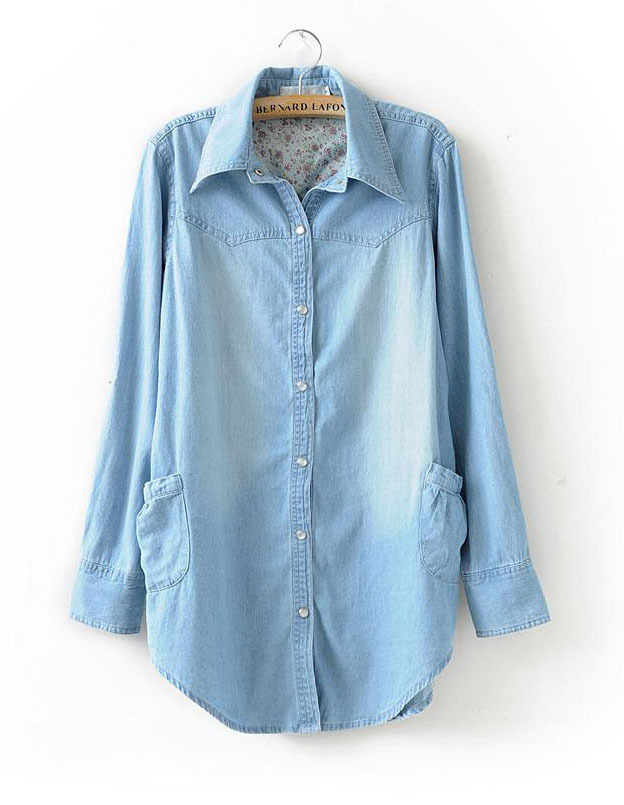 LOVE 2012 women's spring and autumn Women light color pearl button water wash long-sleeve thin denim female shirt plus size