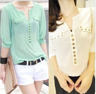 Love~Beauty 2012 Autumn Women's Shirts,Classic All-match Personality Rivet Pocket Half Sleeve Shirt,Fashion Blouses,5colors