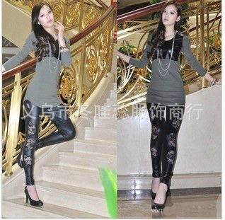 Love~Beauty L419 Sexy Leggings,Lace+Leather Splice Design Legging,Fashion Elastic Tights,Wholesale,Free Shipping