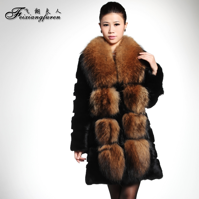 LOVE Fly 2012 female full leather rabbit fur coat 1206 medium-long raccoon