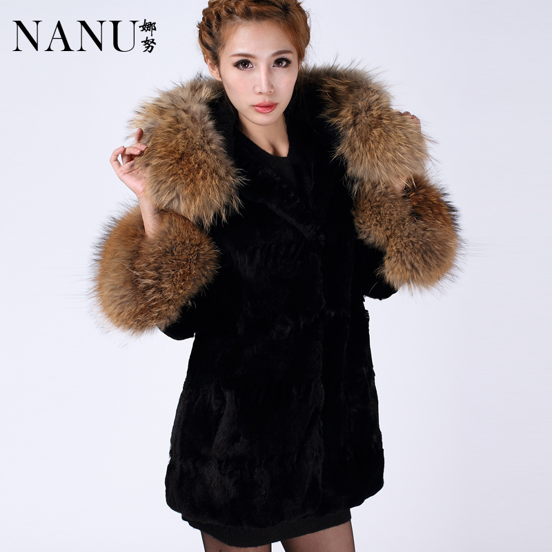 Love lulu's store 2012 fur women's rex rabbit hair raccoon with a hood fashion wool outerwear