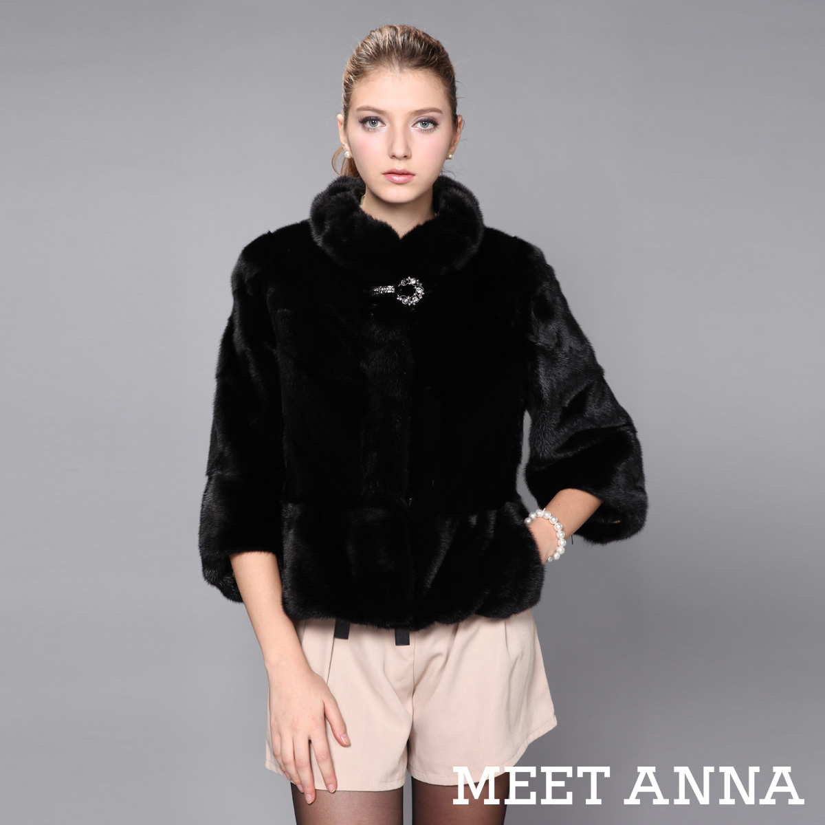 Love lulu's store Meetanna mink fur leather coat fashion black short design mb11022