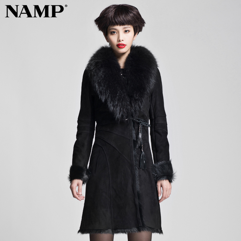 Love lulu's store Namp2012 women's fur one piece overcoat fur coat fur collar long design slim black