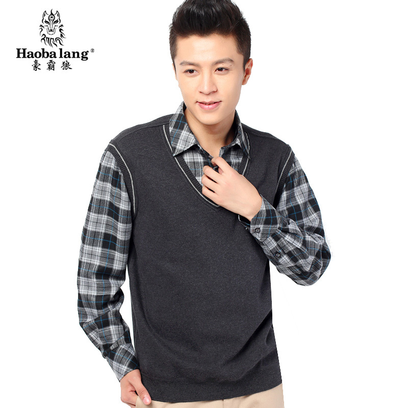 LOVE Plus velvet thickening knitted faux two piece long-sleeve shirt male thermal underwear 2012 9516