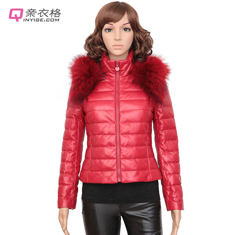 LOVE Raccoon fur stand collar genuine leather down coat leather clothing 2012 winter Women slim short design outerwear clothing