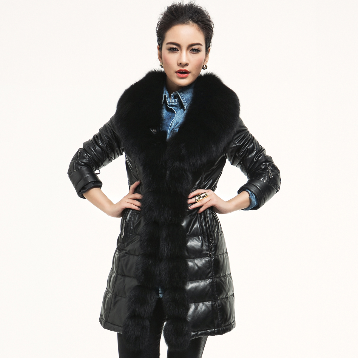 LOVE Single female sheepskin outerwear large fox fur medium-long genuine leather down coat leather clothing q9946