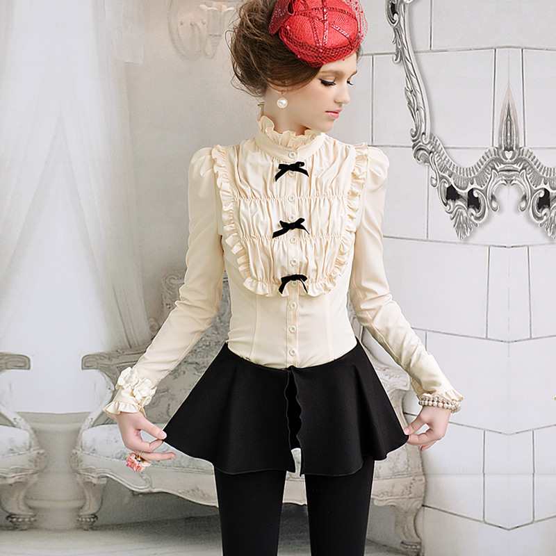 LOVE Slim bodice pleated black bow long-sleeve shirt