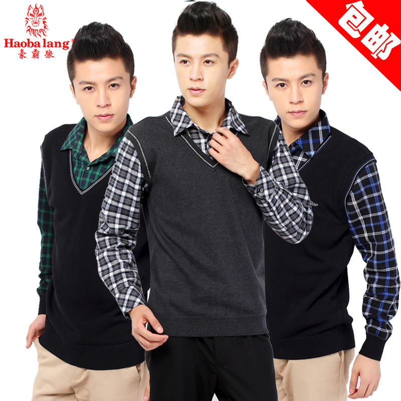 LOVE Winter male faux two piece shirt collar thermal upperwear underwear thickening plus velvet knitted top