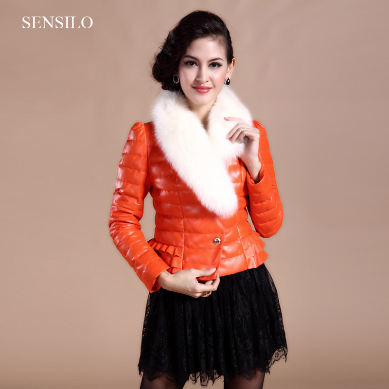 lover style and color 2013 women's fox fur neckline sheepskin genuine leather downcoat orange/blue short leather outerwear slim