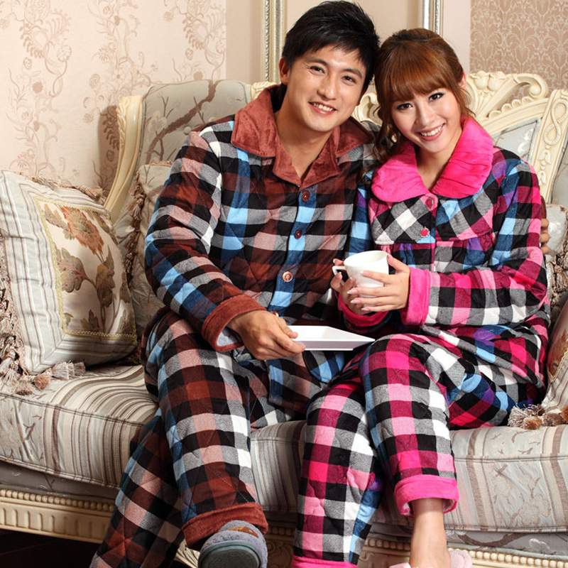 Lovers autumn and winter thickening coral fleece plaid cotton-padded men and women sleepwear cotton-padded jacket lounge set