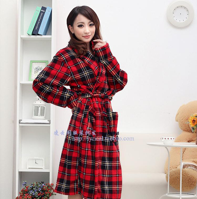 Lovers classic plaid bathrobe coral fleece sleepwear robe super soft thickening autumn and winter