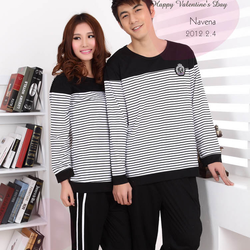 Lovers comfortable cotton long-sleeve sleep set black and white stripe