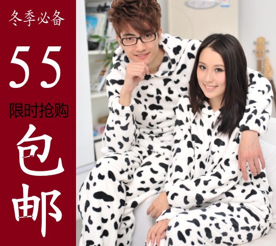 Lovers cows male women's thickening coral fleece sleep set lounge