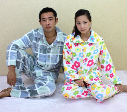 Lovers male Women coral fleece set sleepwear winter lounge lengthen plus size thickening thin