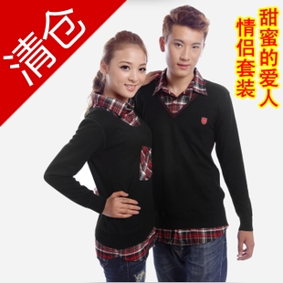 Lovers set faux two piece plaid shirt long-sleeve upperwear black basic 100% thickening cotton thermal underwear