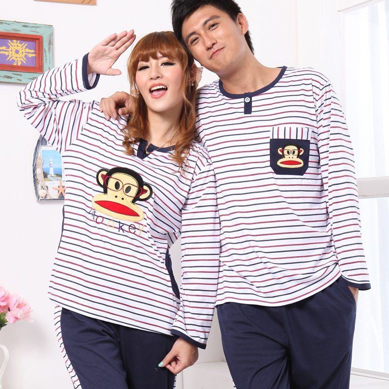 Lovers sleep set autumn male women's cartoon lounge knitted cotton long-sleeve