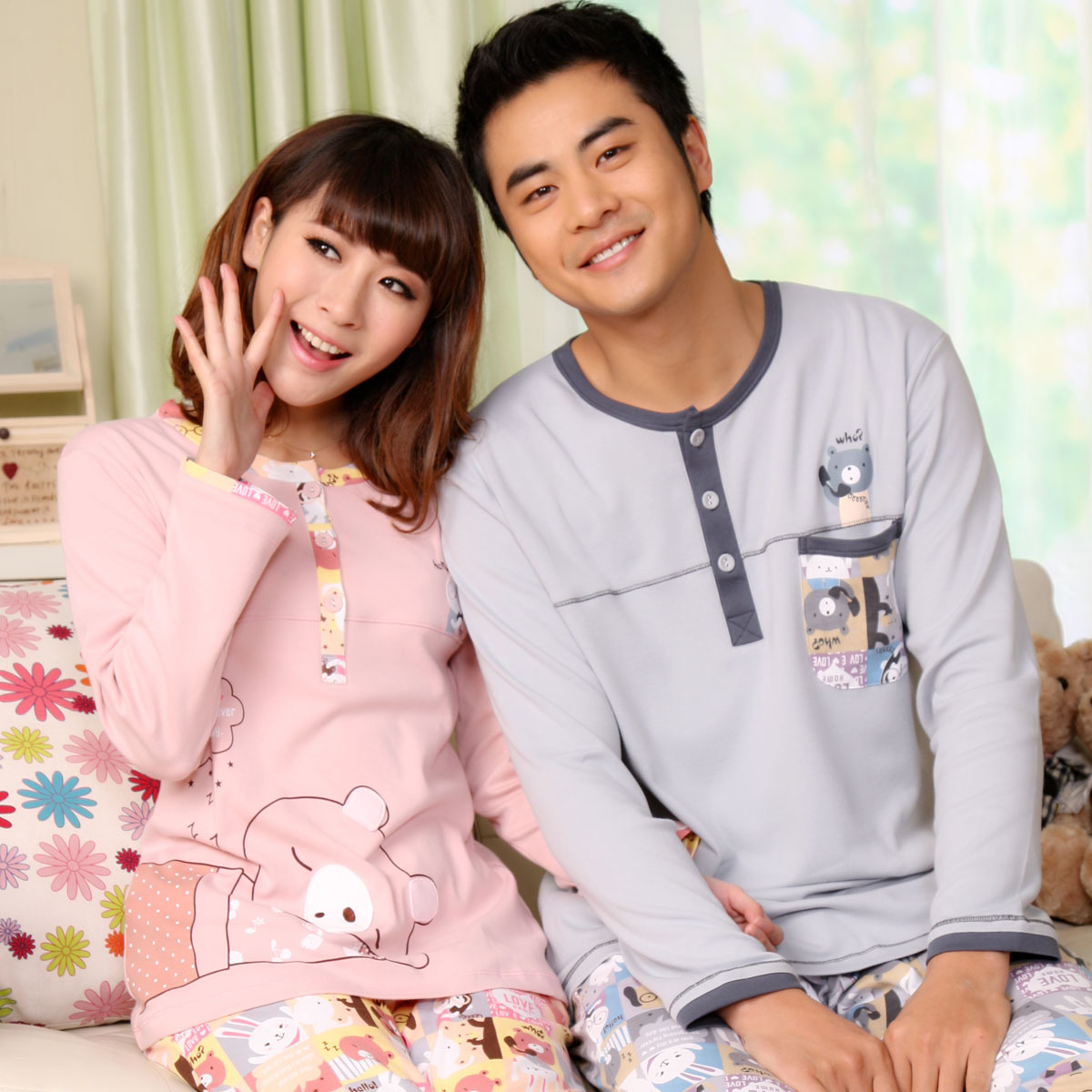 Lovers sleepwear 2012 autumn and winter knitted cotton long-sleeve male women's lounge set