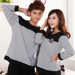 Lovers sleepwear autumn 100% cotton long sleeve length pants stripe sleepwear lovers lounge