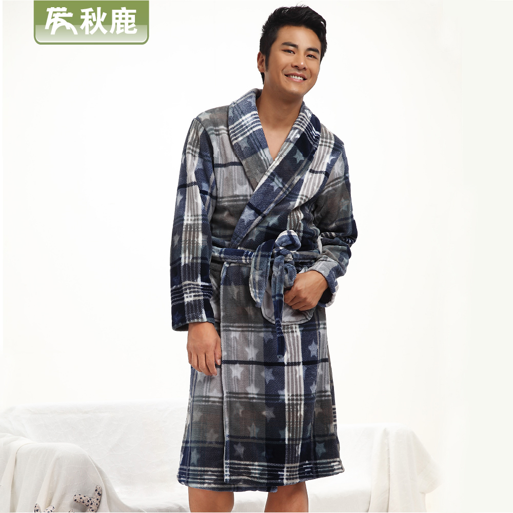 Lovers sleepwear coral fleece robe male thickening lounge autumn and winter thermal plaid q818