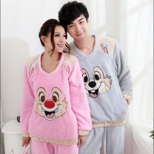 Lovers sleepwear female coral fleece long-sleeve thickening powder gray squirrel lovers set sleepwear