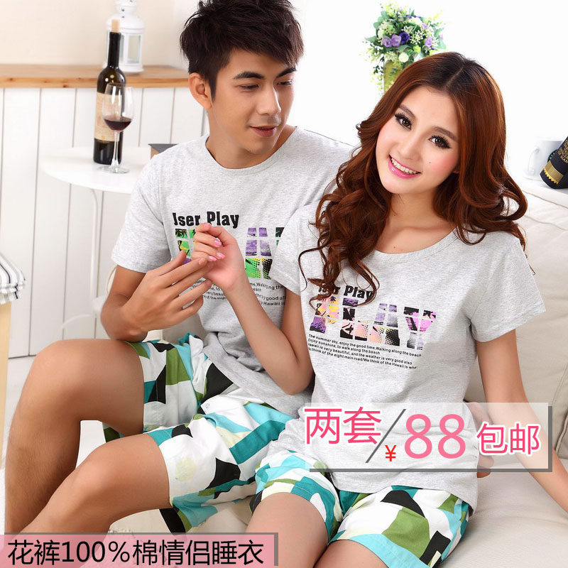 Lovers sleepwear female lounge 100% cotton lovers women's summer short-sleeve female sleepwear male set